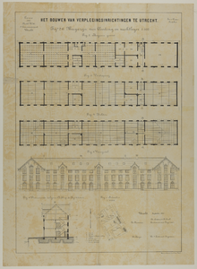 217618 Plattegronden, aanzicht, doorsnede en situatie van het kledingmagazijn en overnachtingsgebouw van de ...